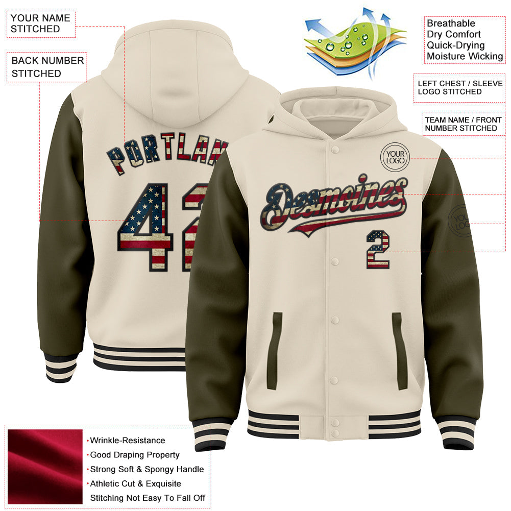 Custom Cream Vintage USA Flag Olive-Black Bomber Full-Snap Varsity Letterman Two Tone Hoodie Jacket view 3