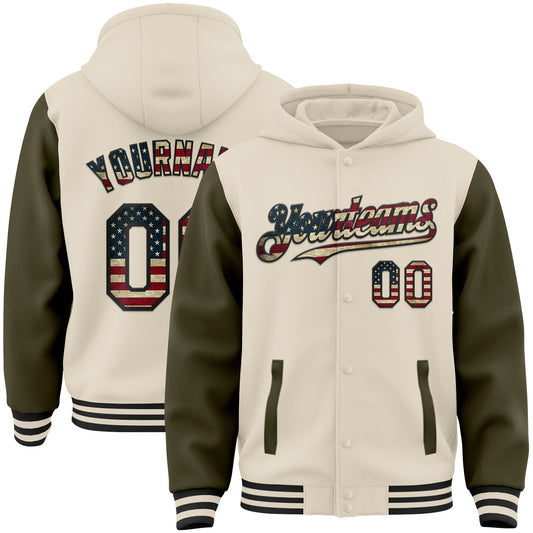 Custom Cream Vintage USA Flag Olive-Black Bomber Full-Snap Varsity Letterman Two Tone Hoodie Jacket - Main View