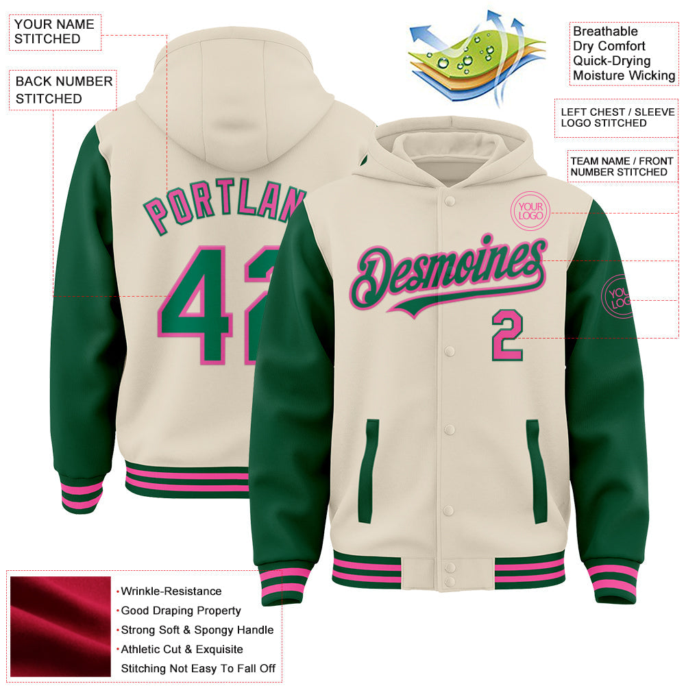 Custom Cream Kelly Green-Pink Bomber Full-Snap Varsity Letterman Two Tone Hoodie Jacket view 3