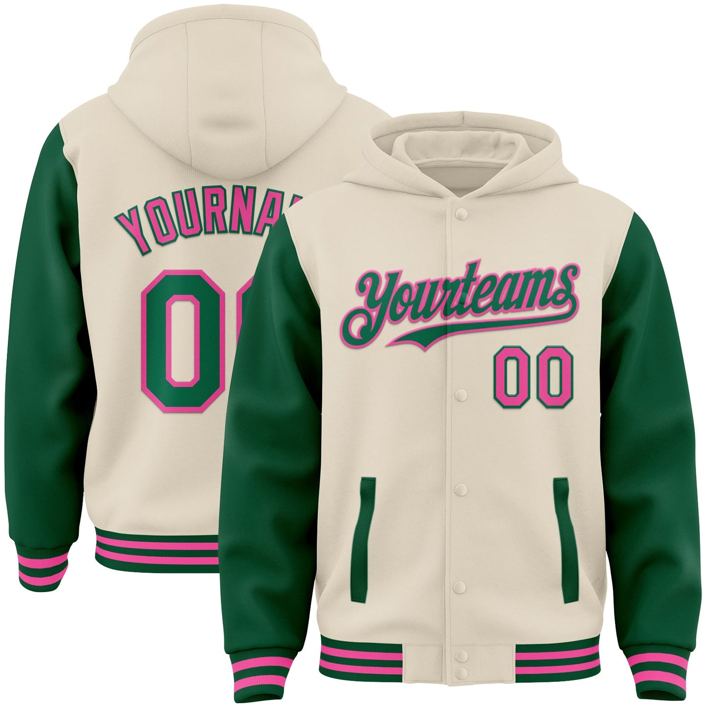 Custom Cream Kelly Green-Pink Bomber Full-Snap Varsity Letterman Two Tone Hoodie Jacket - Main View