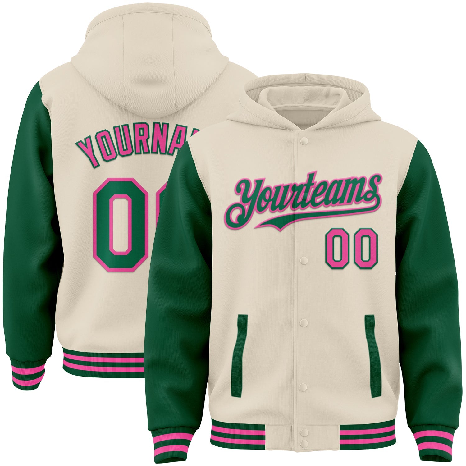 Custom Cream Kelly Green-Pink Bomber Full-Snap Varsity Letterman Two Tone Hoodie Jacket - Main View