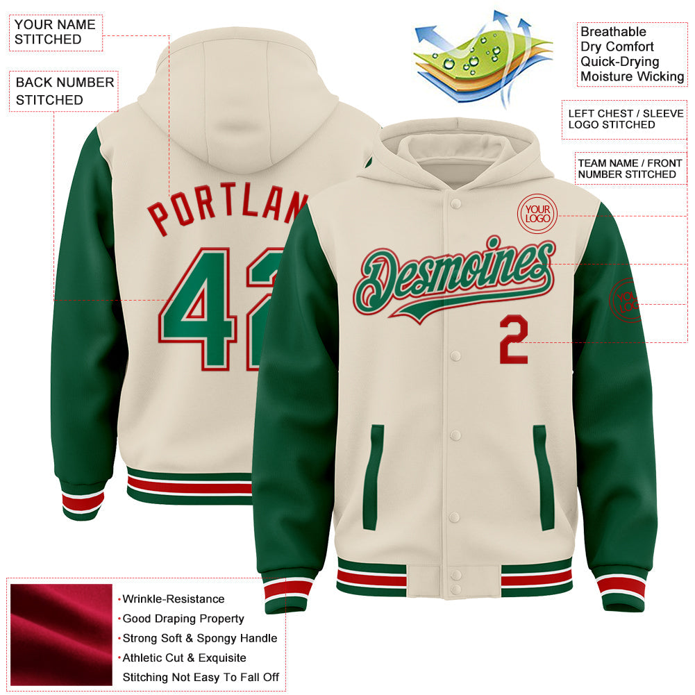 Custom Cream Kelly Green Red-White Bomber Full-Snap Varsity Letterman Two Tone Hoodie Jacket view 3