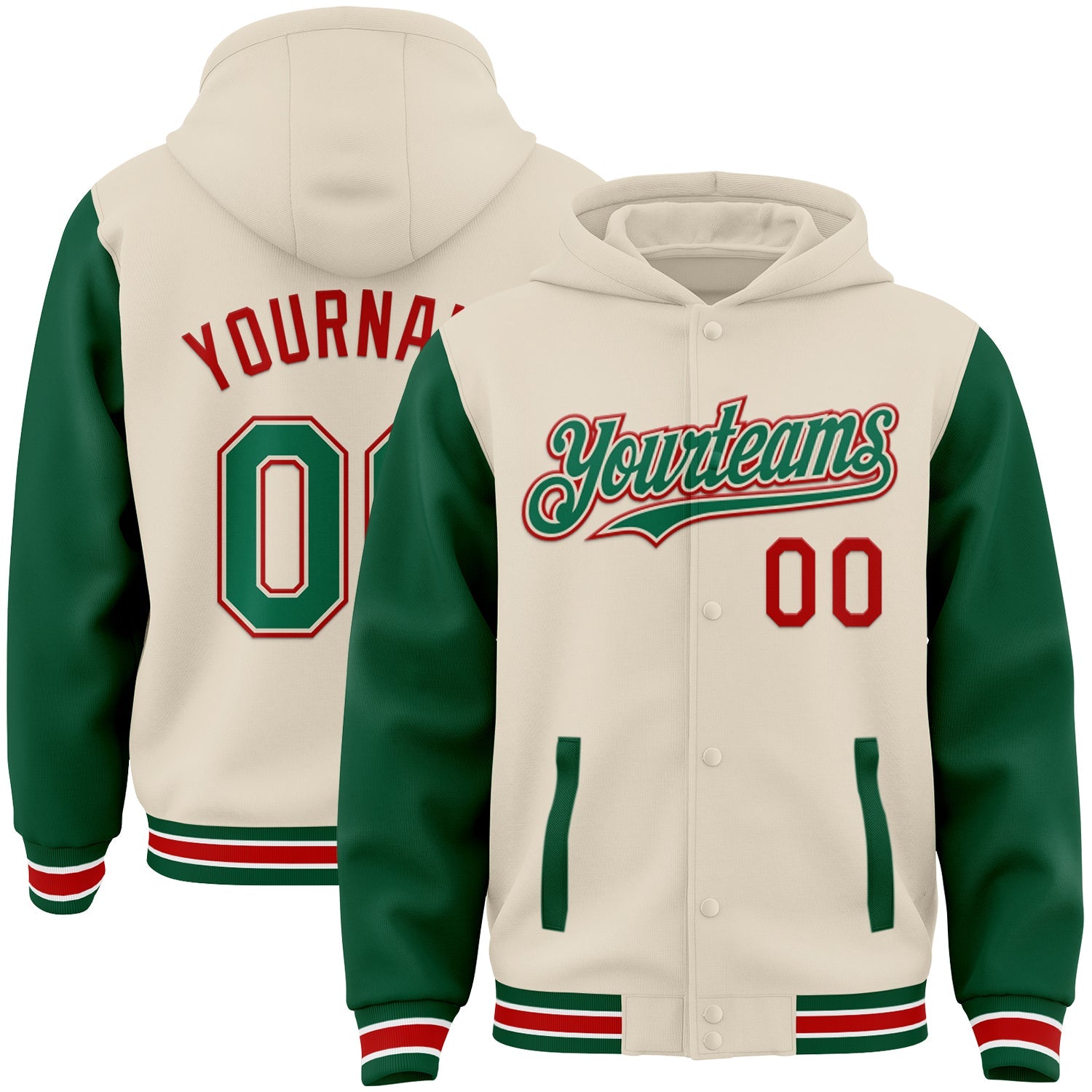 Custom Cream Kelly Green Red-White Bomber Full-Snap Varsity Letterman Two Tone Hoodie Jacket - Main View