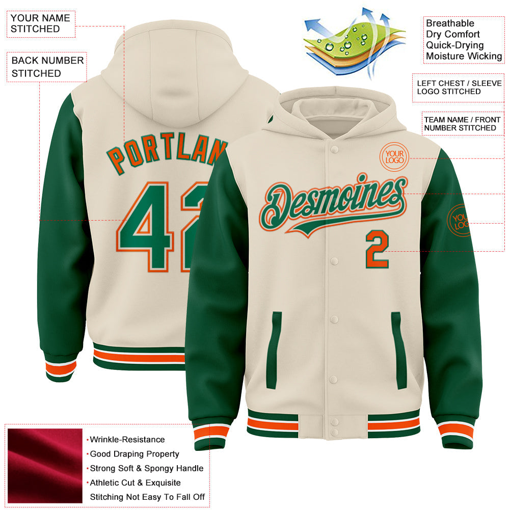 Custom Cream Kelly Green Orange-White Bomber Full-Snap Varsity Letterman Two Tone Hoodie Jacket view 3