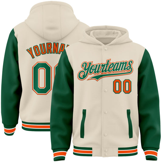 Custom Cream Kelly Green Orange-White Bomber Full-Snap Varsity Letterman Two Tone Hoodie Jacket - Main View