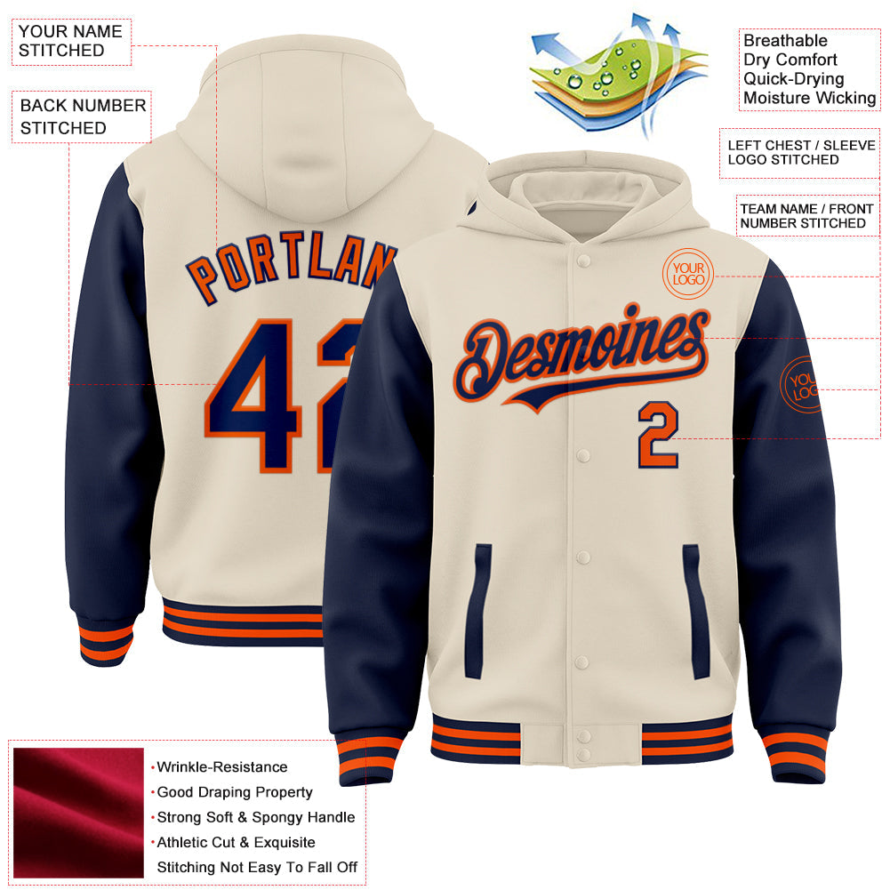 Custom Cream Navy-Orange Bomber Full-Snap Varsity Letterman Two Tone Hoodie Jacket view 3