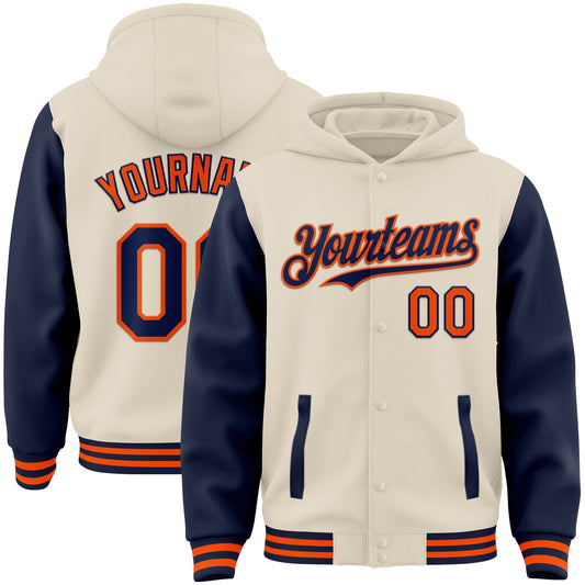 Custom Cream Navy-Orange Bomber Full-Snap Varsity Letterman Two Tone Hoodie Jacket - Main View