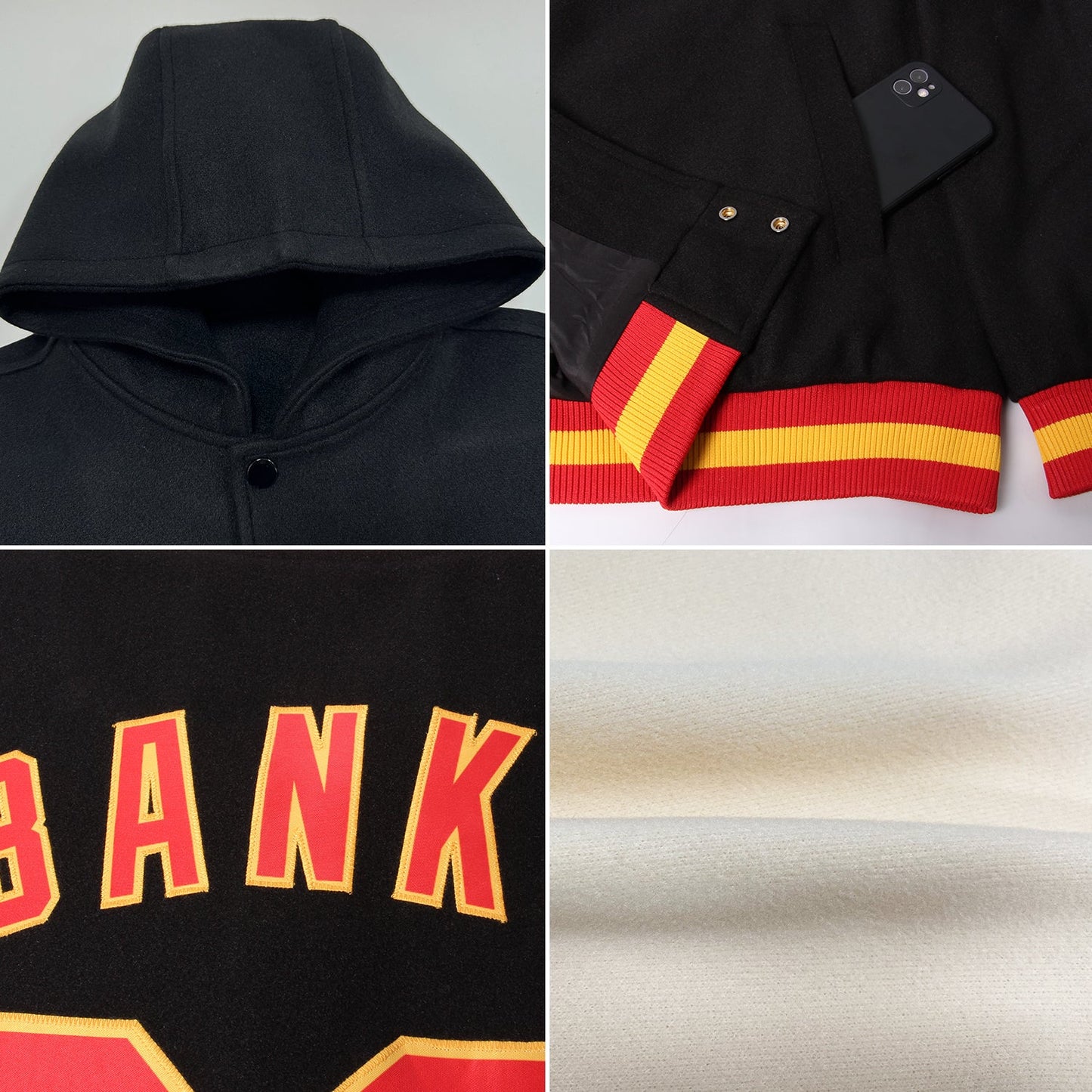 Custom Cream Navy-Gold Bomber Full-Snap Varsity Letterman Two Tone Hoodie Jacket view 2