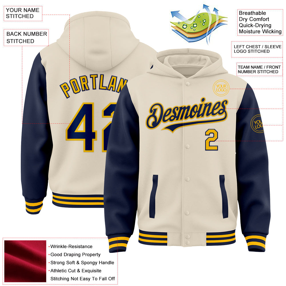 Custom Cream Navy-Gold Bomber Full-Snap Varsity Letterman Two Tone Hoodie Jacket view 3