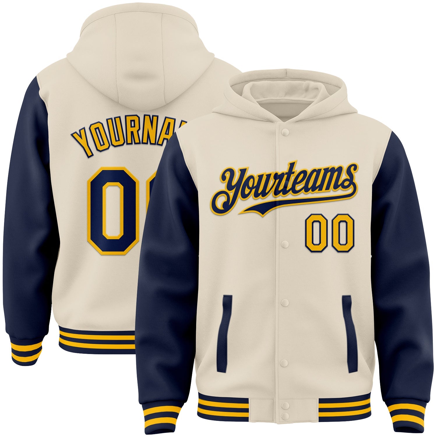 Custom Cream Navy-Gold Bomber Full-Snap Varsity Letterman Two Tone Hoodie Jacket - Main View