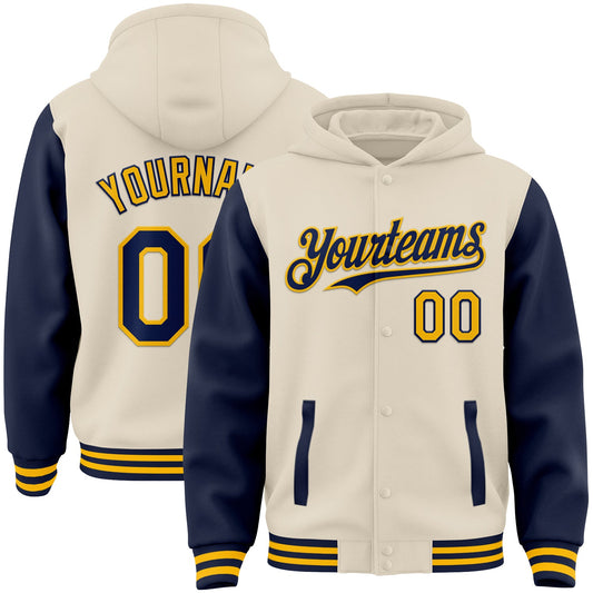 Custom Cream Navy-Gold Bomber Full-Snap Varsity Letterman Two Tone Hoodie Jacket - Main View