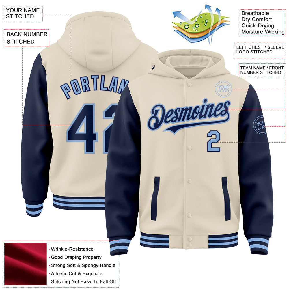 Custom Cream Navy-Light Blue Bomber Full-Snap Varsity Letterman Two Tone Hoodie Jacket view 3