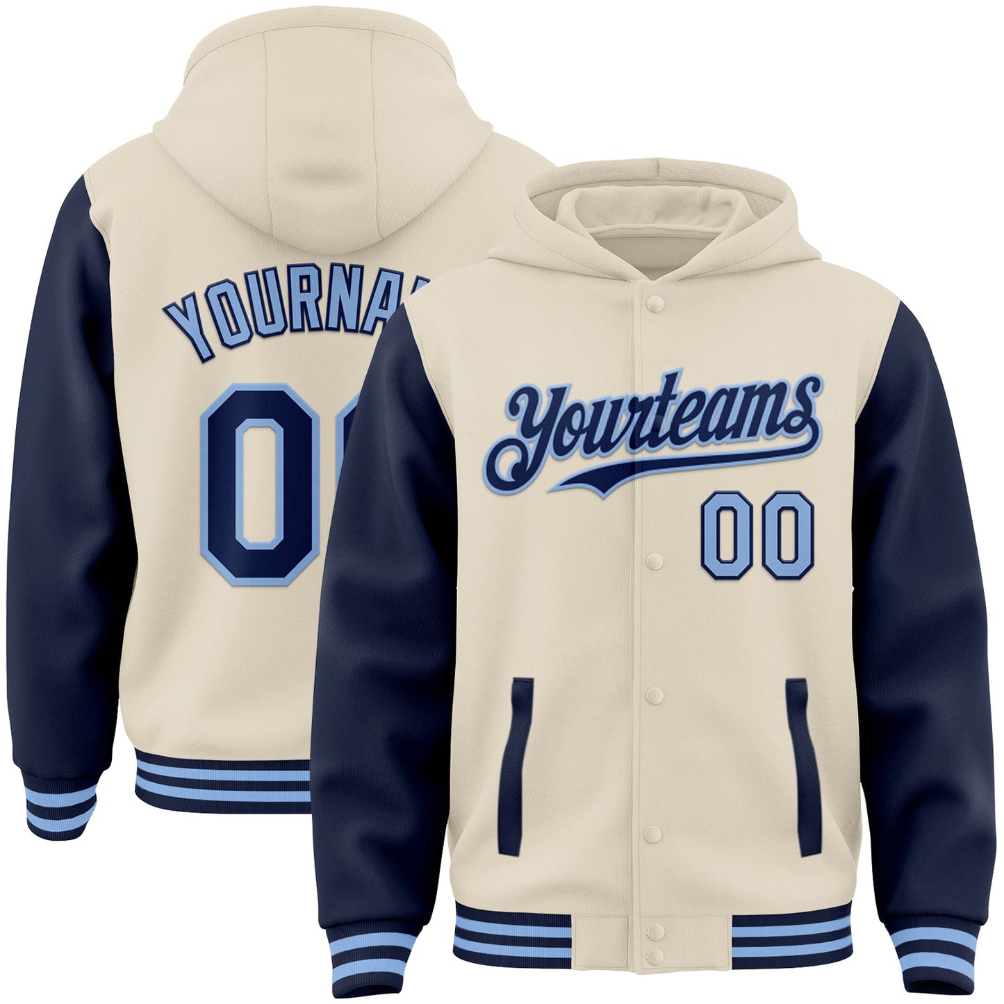 Custom Cream Navy-Light Blue Bomber Full-Snap Varsity Letterman Two Tone Hoodie Jacket - Main View
