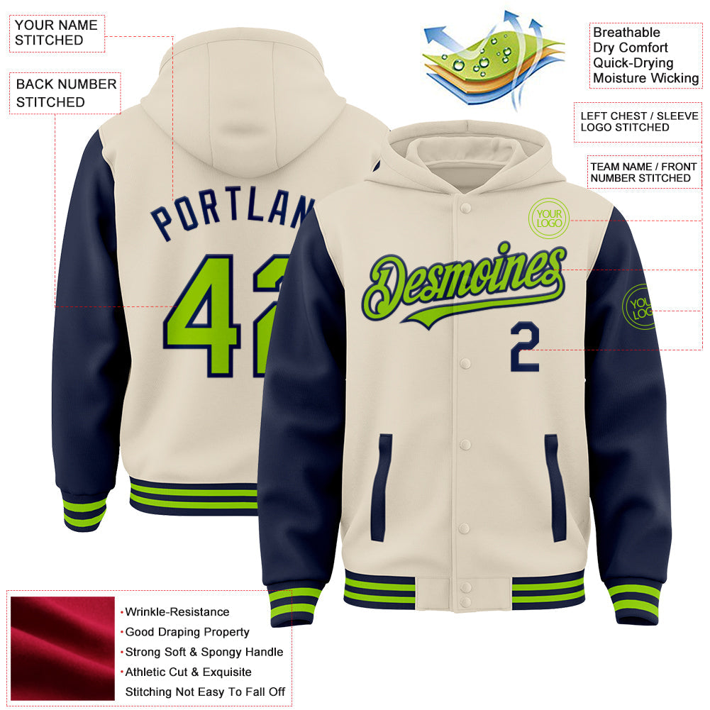 Custom Cream Neon Green-Navy Bomber Full-Snap Varsity Letterman Two Tone Hoodie Jacket view 3