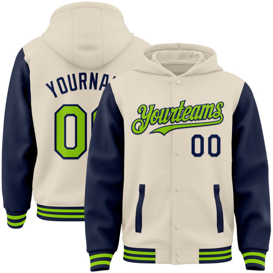 Custom Cream Neon Green-Navy Bomber Full-Snap Varsity Letterman Two Tone Hoodie Jacket - Main View