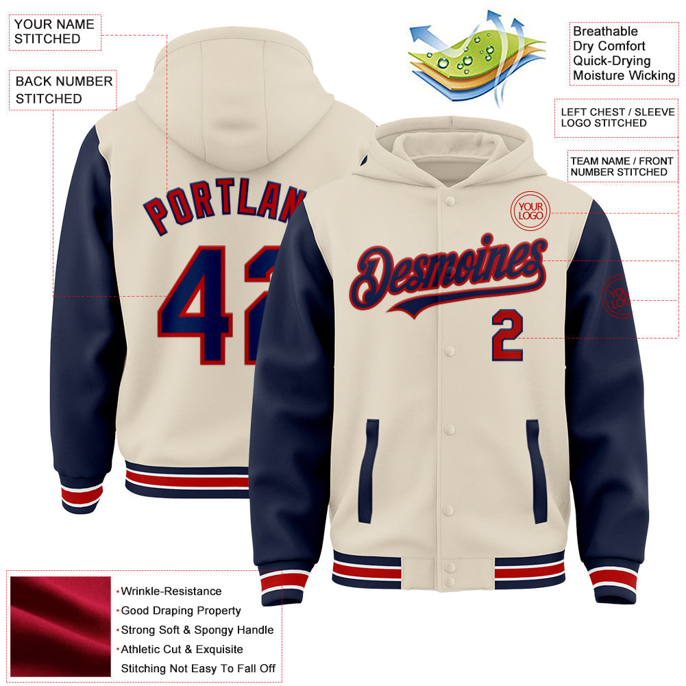 Custom Cream Navy Red-White Bomber Full-Snap Varsity Letterman Two Tone Hoodie Jacket view 3