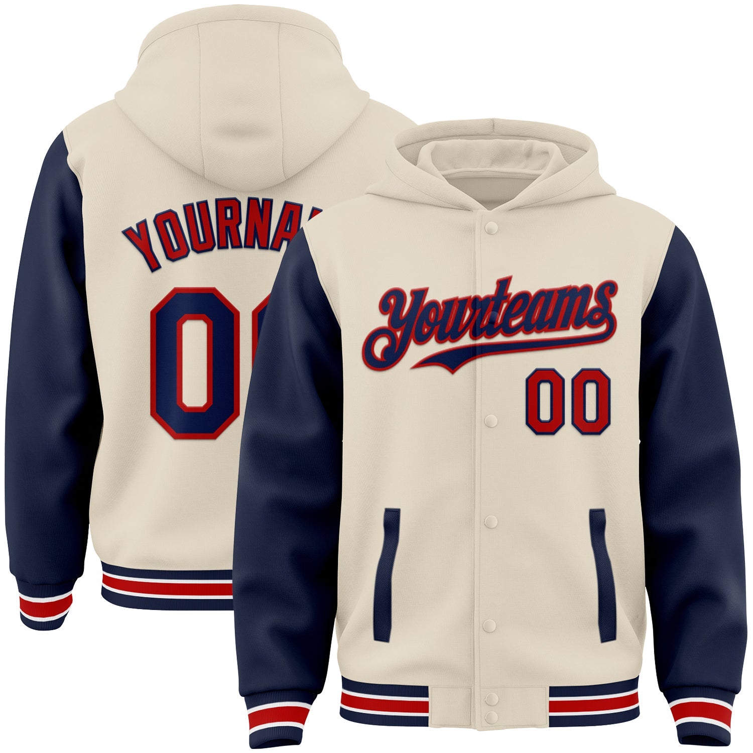 Custom Cream Navy Red-White Bomber Full-Snap Varsity Letterman Two Tone Hoodie Jacket - Main View