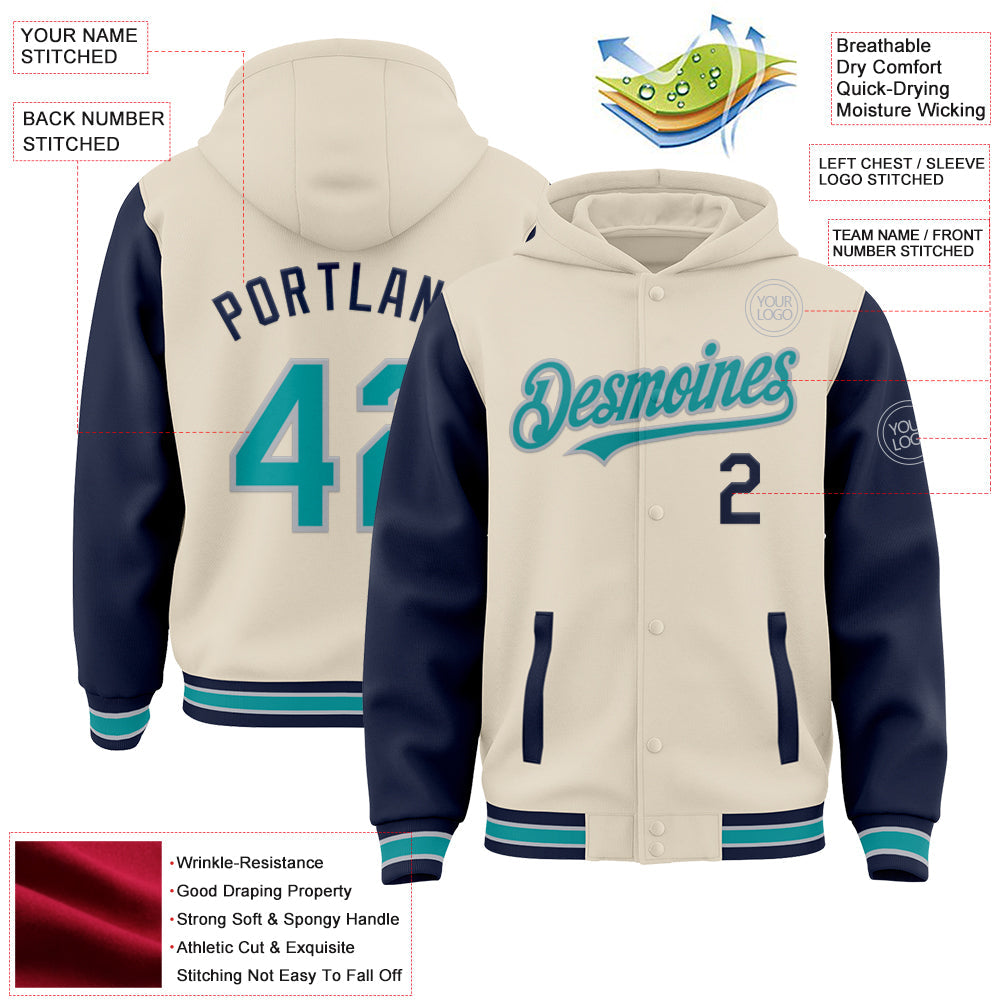 Custom Cream Teal Navy-Gray Bomber Full-Snap Varsity Letterman Two Tone Hoodie Jacket view 3