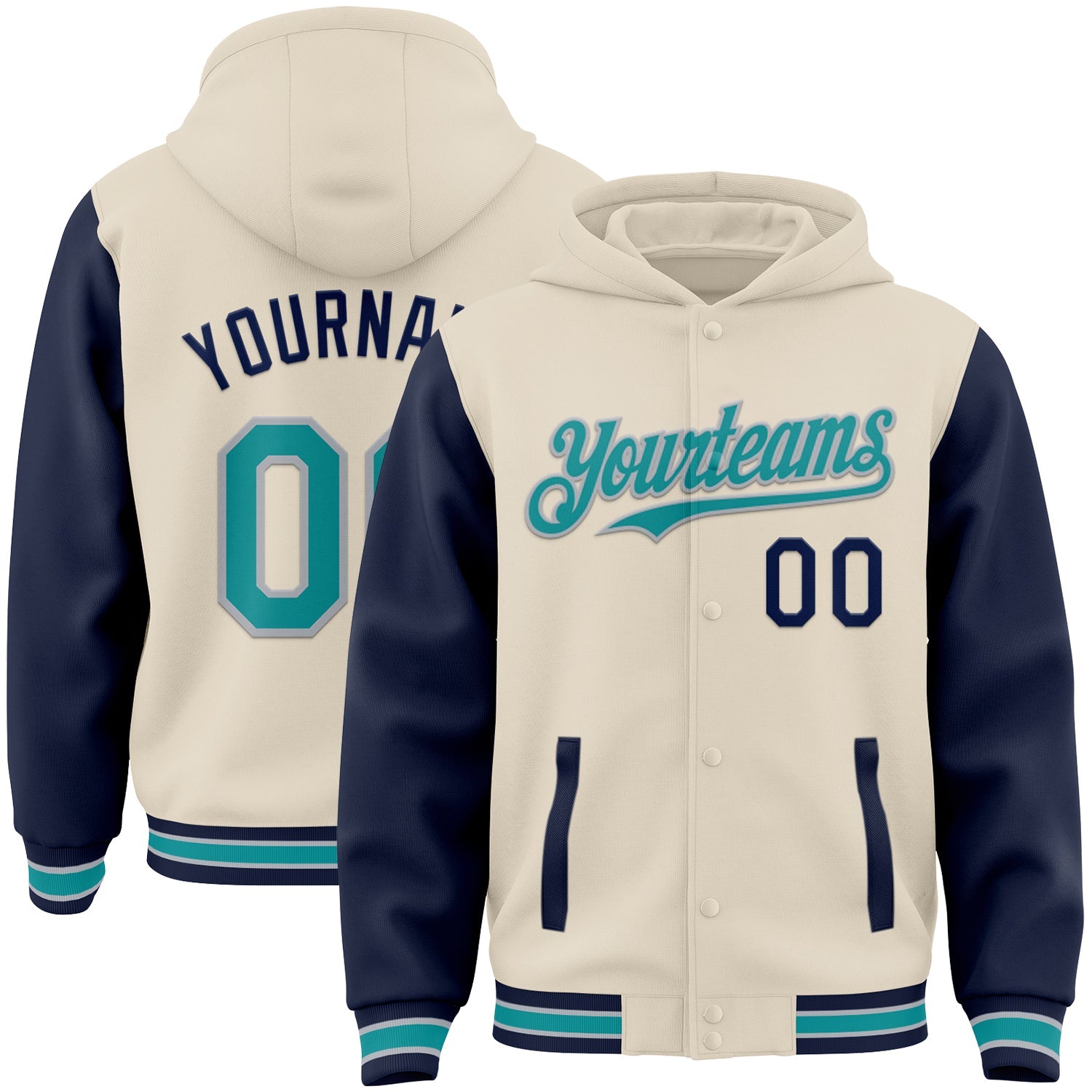 Custom Cream Teal Navy-Gray Bomber Full-Snap Varsity Letterman Two Tone Hoodie Jacket - Main View
