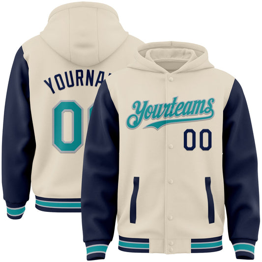 Custom Cream Teal Navy-Gray Bomber Full-Snap Varsity Letterman Two Tone Hoodie Jacket - Main View