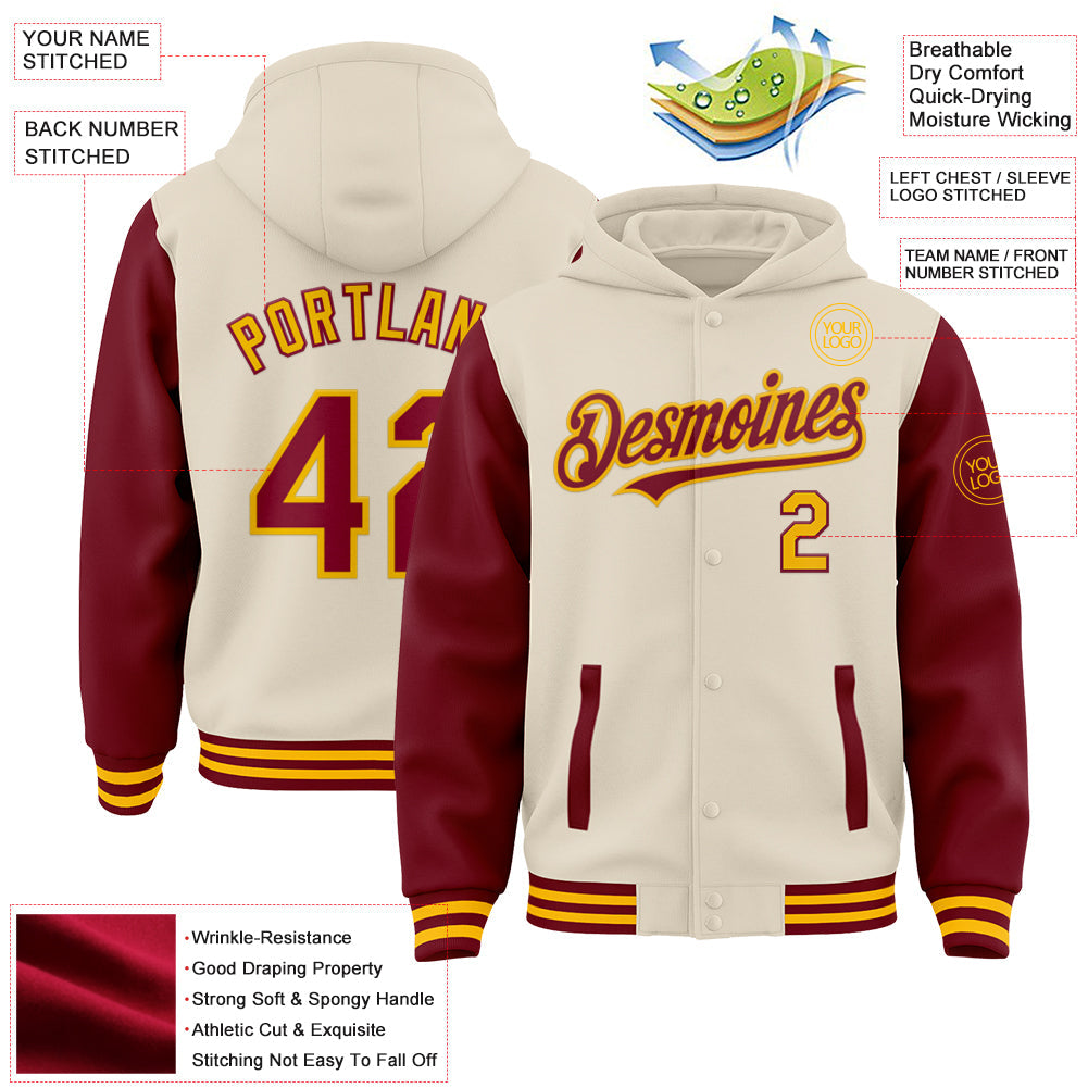 Custom Cream Crimson-Gold Bomber Full-Snap Varsity Letterman Two Tone Hoodie Jacket view 3