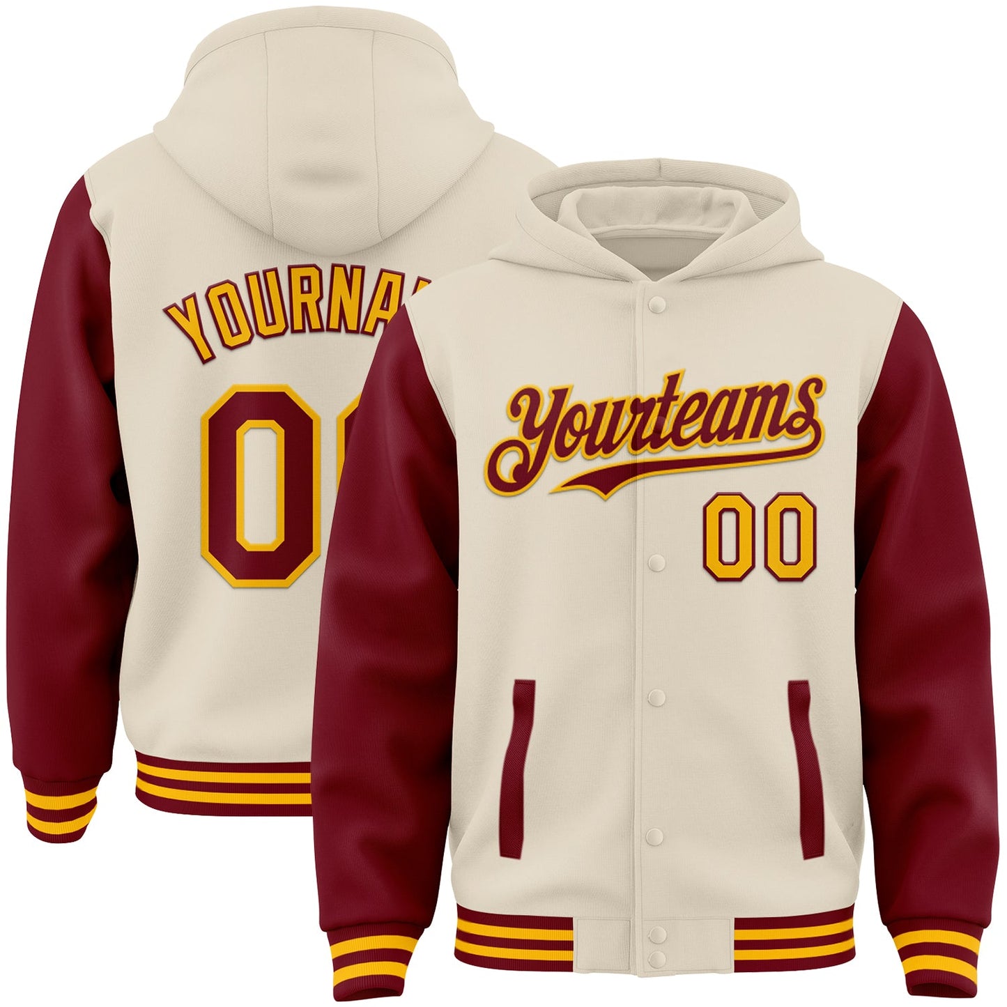 Custom Cream Crimson-Gold Bomber Full-Snap Varsity Letterman Two Tone Hoodie Jacket - Main View