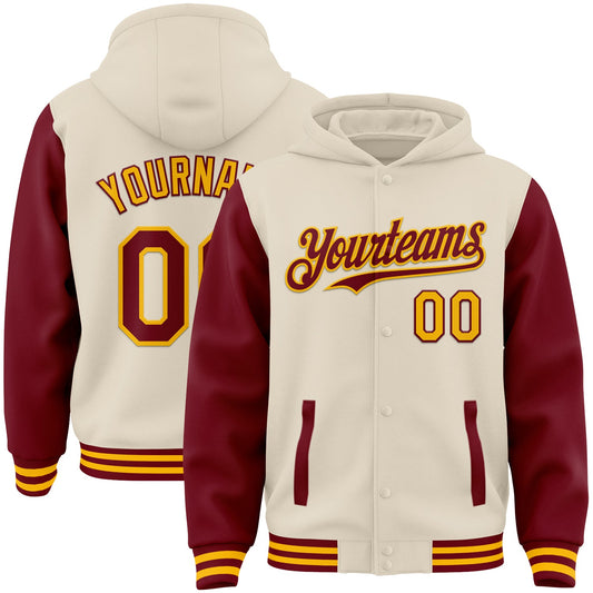 Custom Cream Crimson-Gold Bomber Full-Snap Varsity Letterman Two Tone Hoodie Jacket - Main View