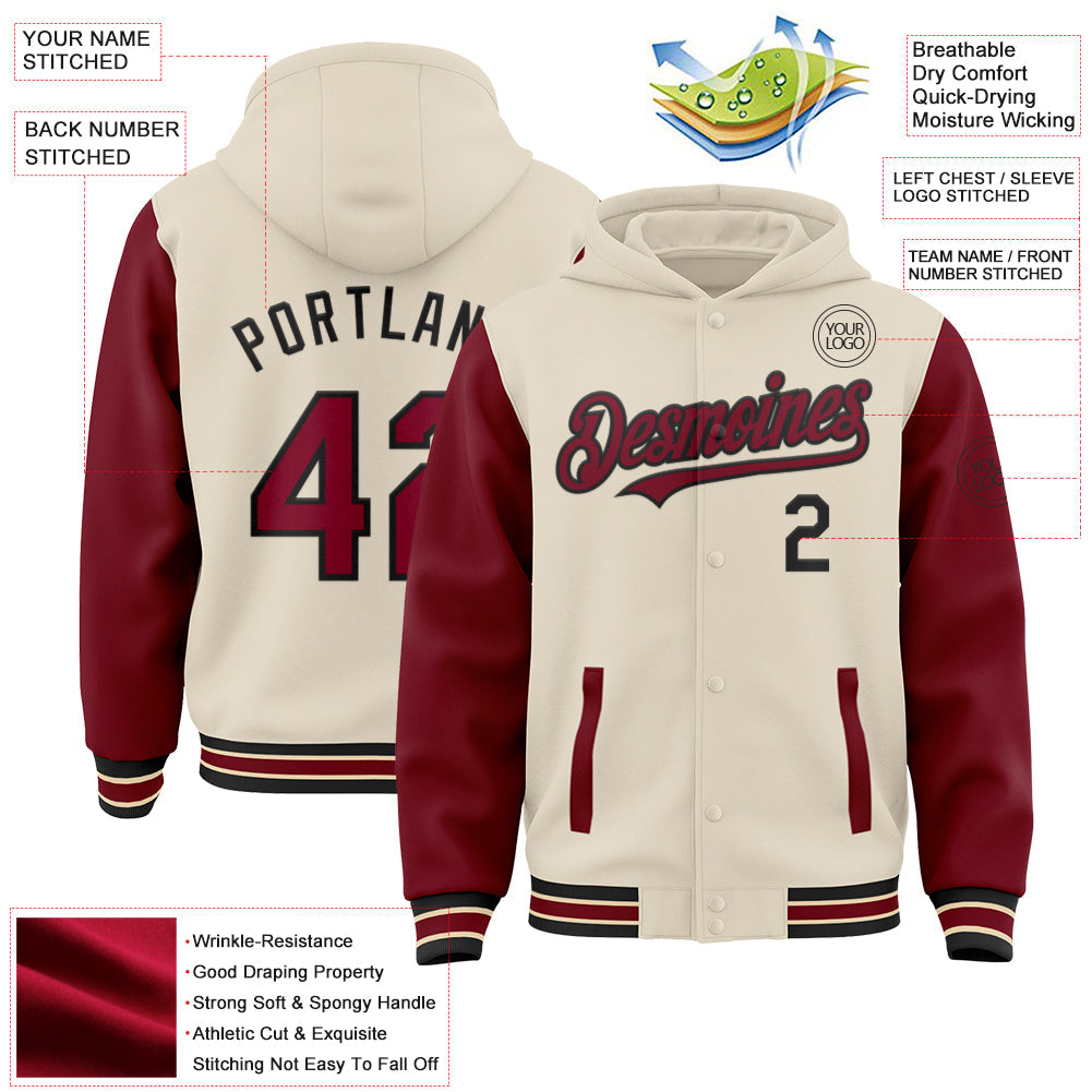 Custom Cream Crimson Black-City Cream Bomber Full-Snap Varsity Letterman Two Tone Hoodie Jacket view 3