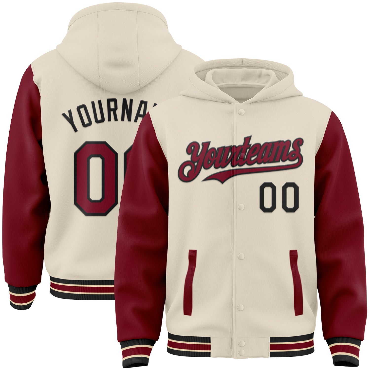 Custom Cream Crimson Black-City Cream Bomber Full-Snap Varsity Letterman Two Tone Hoodie Jacket - Main View