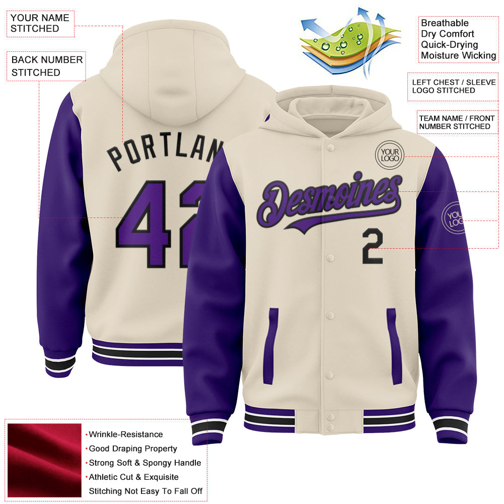 Custom Cream Purple Black-White Bomber Full-Snap Varsity Letterman Two Tone Hoodie Jacket view 3