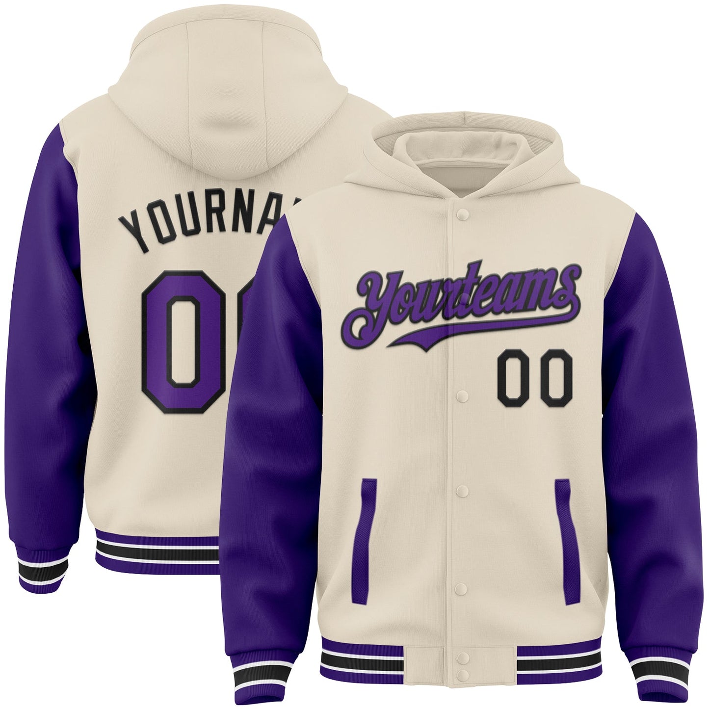 Custom Cream Purple Black-White Bomber Full-Snap Varsity Letterman Two Tone Hoodie Jacket - Main View