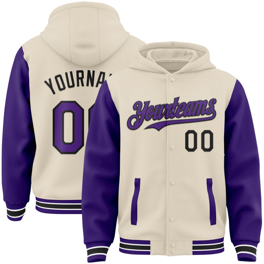 Custom Cream Purple Black-White Bomber Full-Snap Varsity Letterman Two Tone Hoodie Jacket - Main View