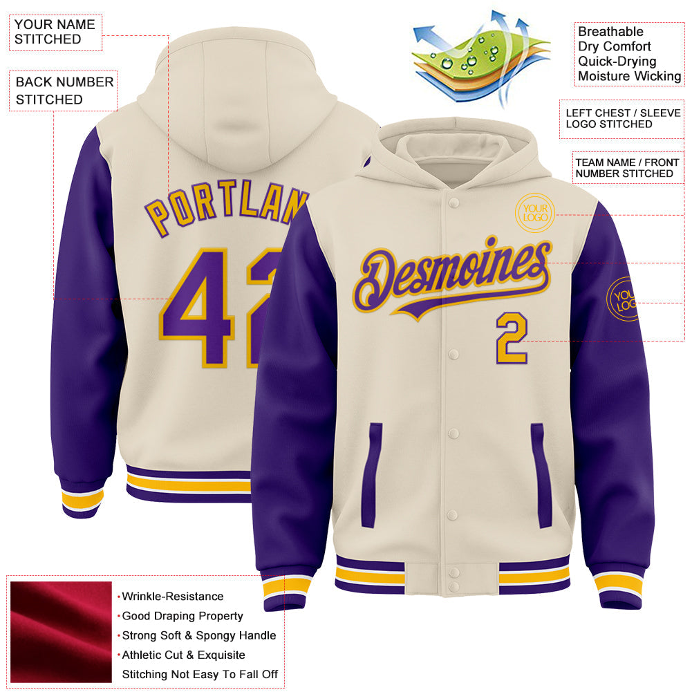 Custom Cream Purple Gold-White Bomber Full-Snap Varsity Letterman Two Tone Hoodie Jacket view 3