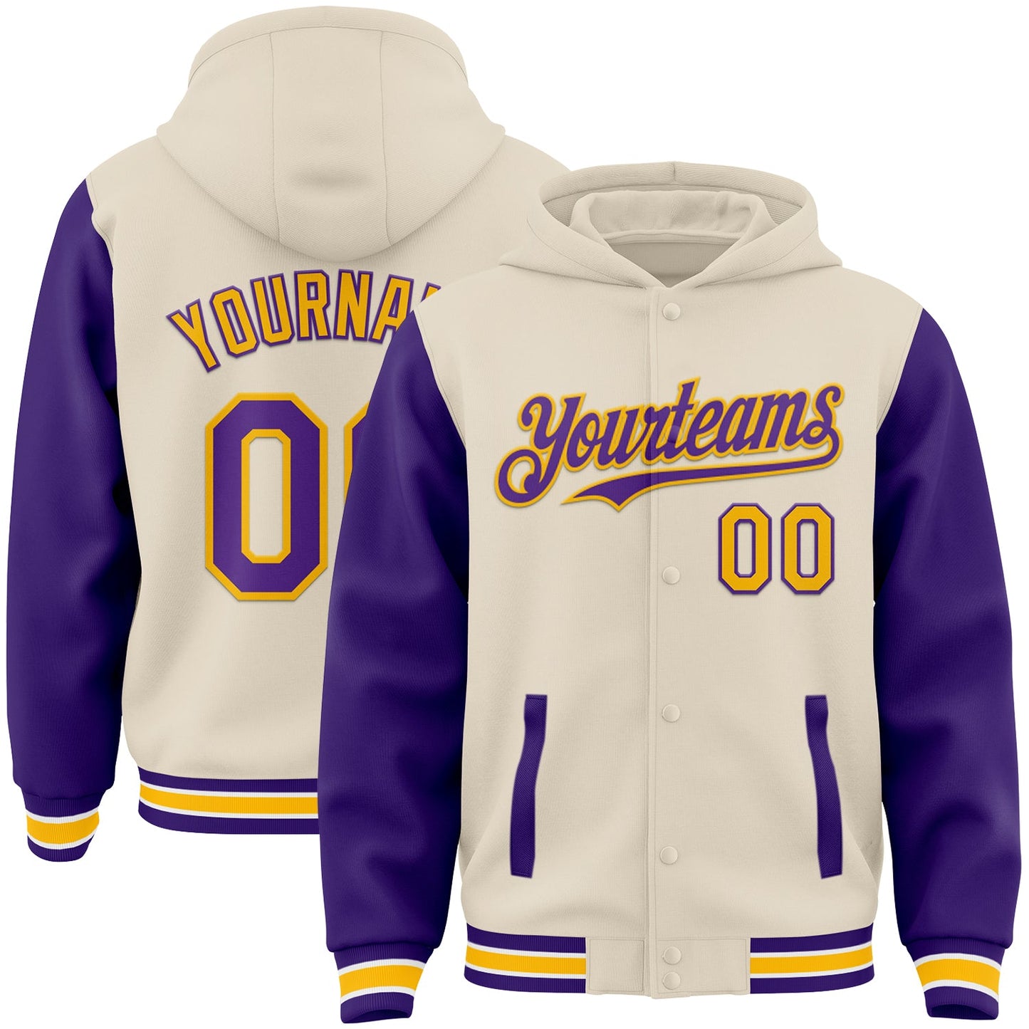 Custom Cream Purple Gold-White Bomber Full-Snap Varsity Letterman Two Tone Hoodie Jacket - Main View