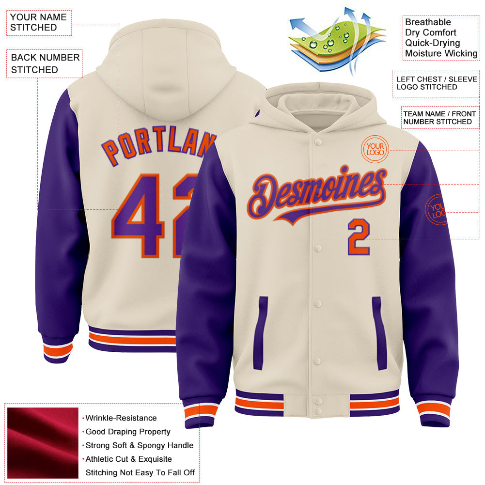 Custom Cream Purple Orange-White Bomber Full-Snap Varsity Letterman Two Tone Hoodie Jacket view 3