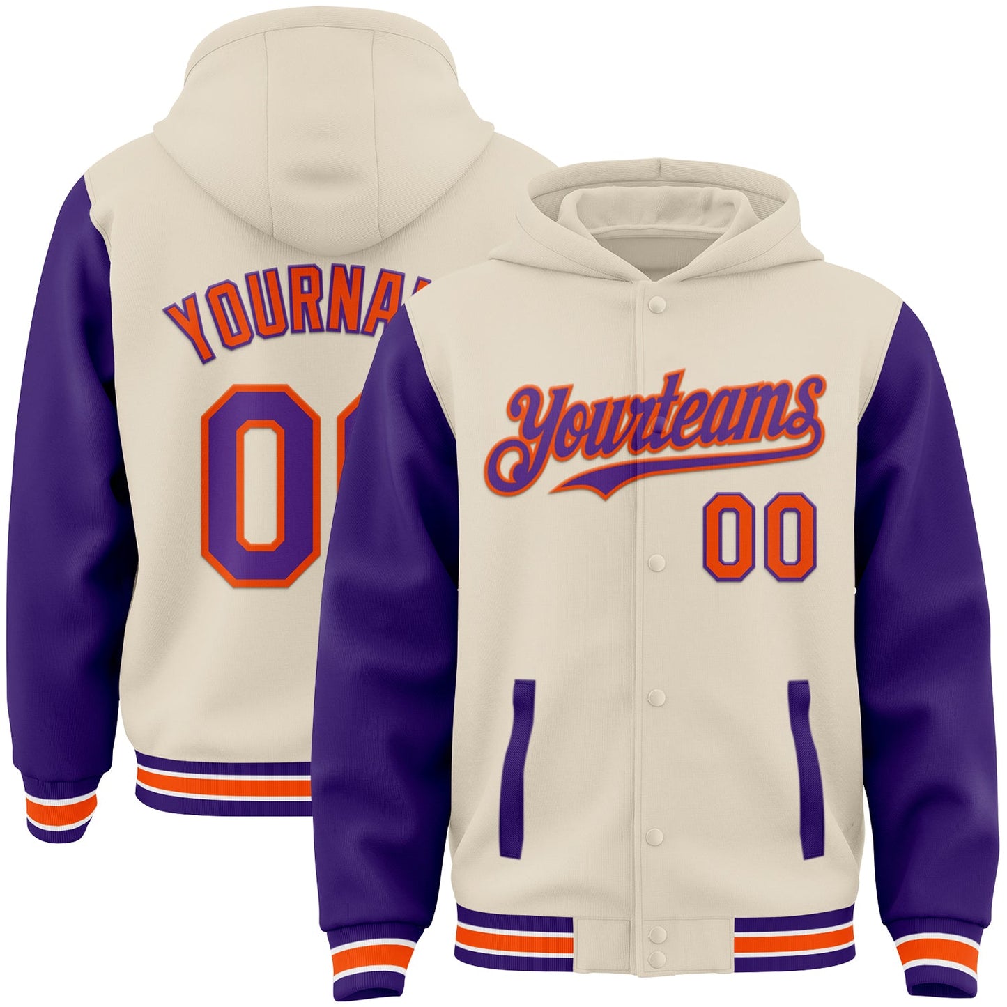 Custom Cream Purple Orange-White Bomber Full-Snap Varsity Letterman Two Tone Hoodie Jacket - Main View