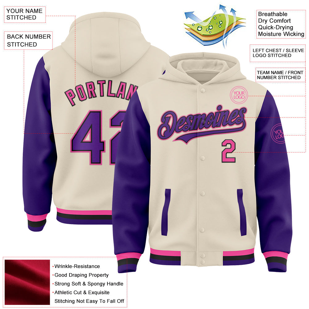 Custom Cream Purple Black-Pink Bomber Full-Snap Varsity Letterman Two Tone Hoodie Jacket view 3