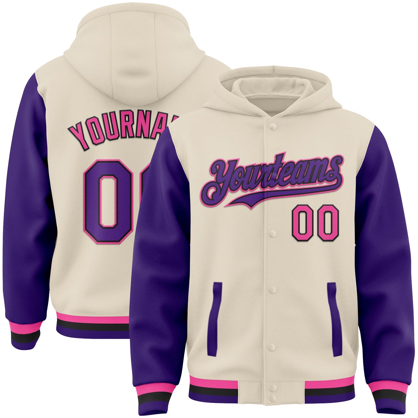 Custom Cream Purple Black-Pink Bomber Full-Snap Varsity Letterman Two Tone Hoodie Jacket - Main View