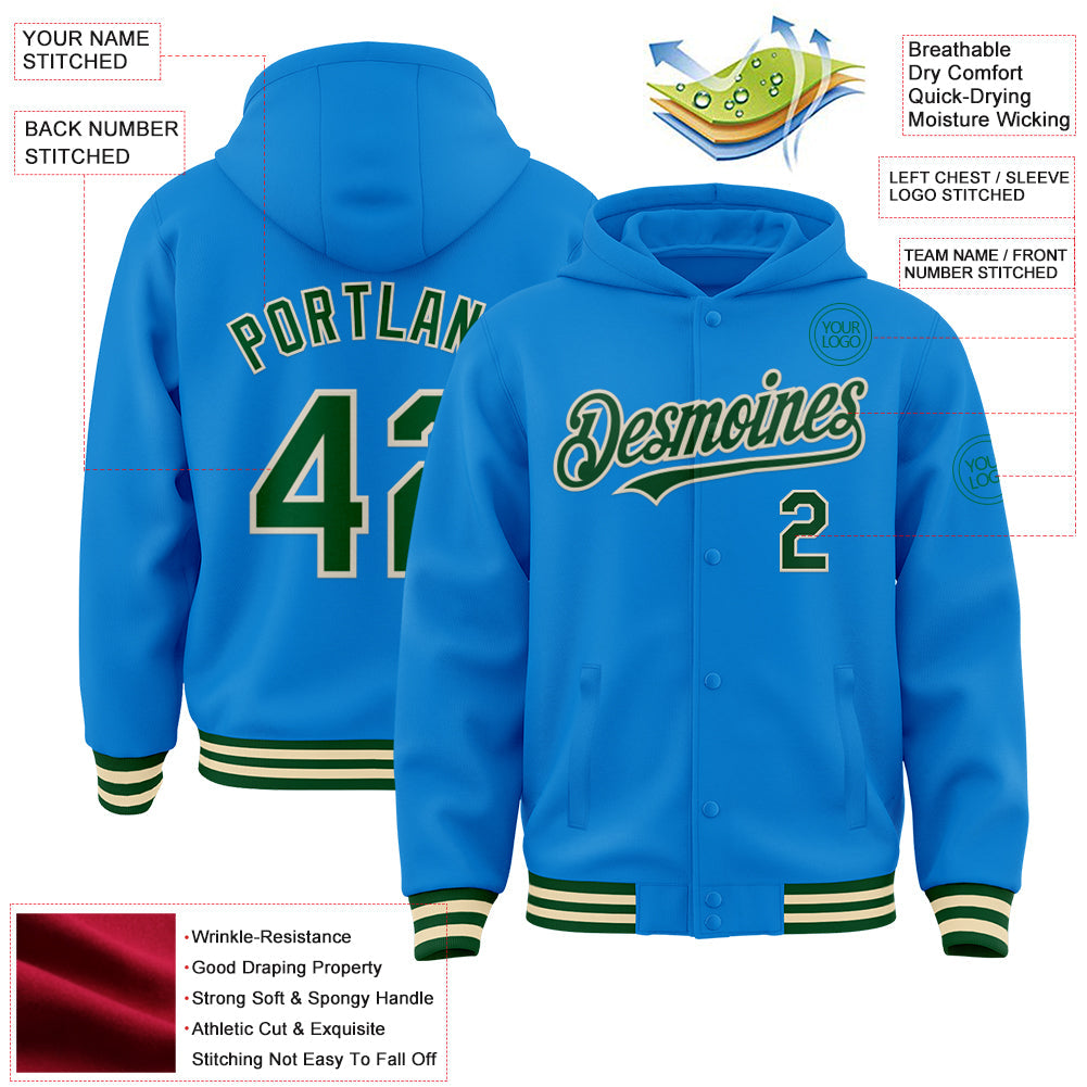 Custom Powder Blue Green-Cream Bomber Full-Snap Varsity Letterman Hoodie Jacket view 3