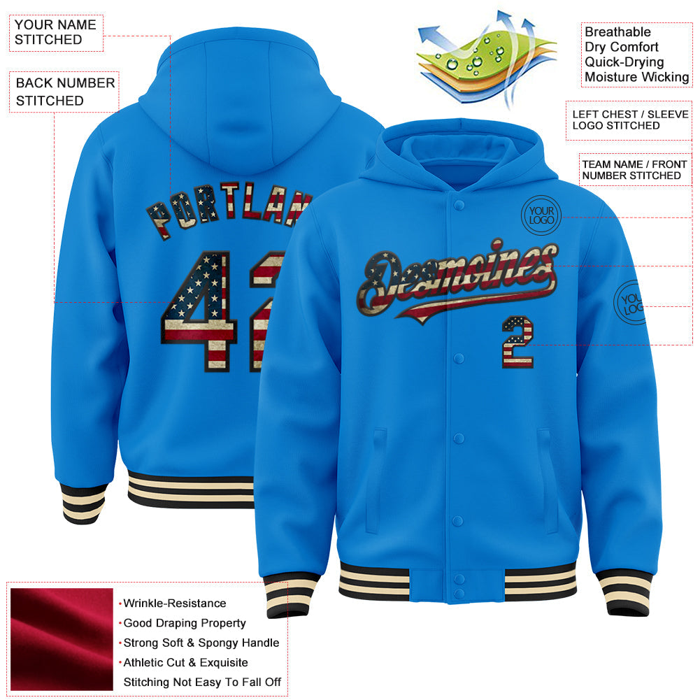 Custom Powder Blue Vintage USA Flag Black-Cream Bomber Full-Snap Varsity Letterman Hoodie Jacket view 3