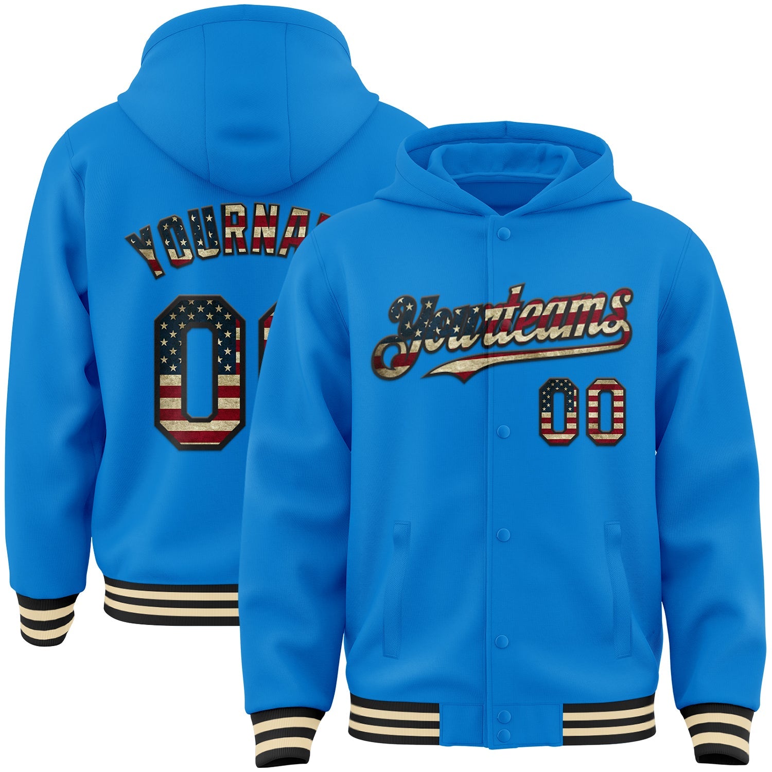 Custom Powder Blue Vintage USA Flag Black-Cream Bomber Full-Snap Varsity Letterman Hoodie Jacket - Main View