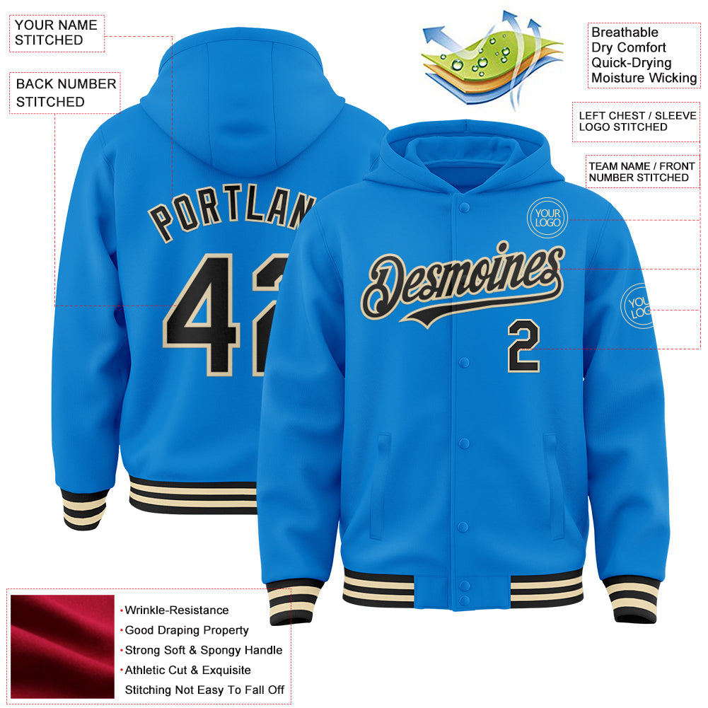 Custom Powder Blue Black-Cream Bomber Full-Snap Varsity Letterman Hoodie Jacket view 3