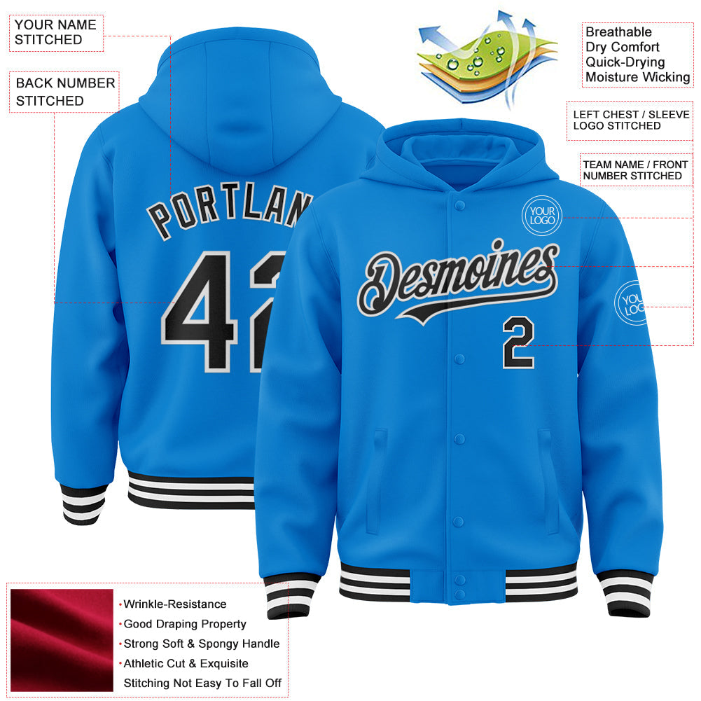 Custom Powder Blue Black-White Bomber Full-Snap Varsity Letterman Hoodie Jacket view 3