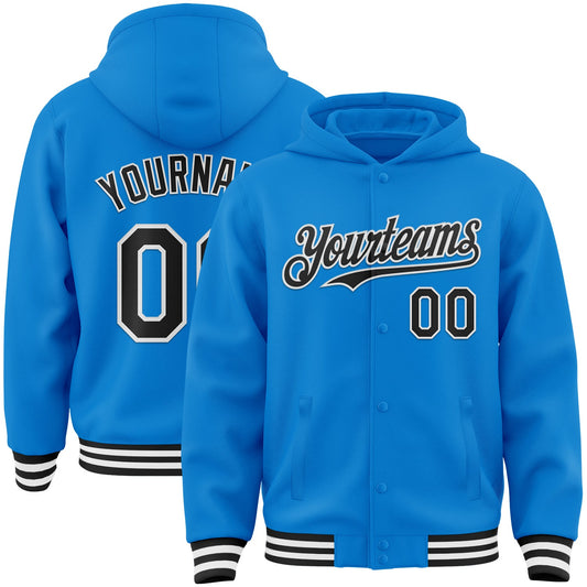 Custom Powder Blue Black-White Bomber Full-Snap Varsity Letterman Hoodie Jacket - Main View