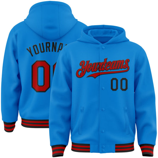 Custom Powder Blue Red-Black Bomber Full-Snap Varsity Letterman Hoodie Jacket - Main View