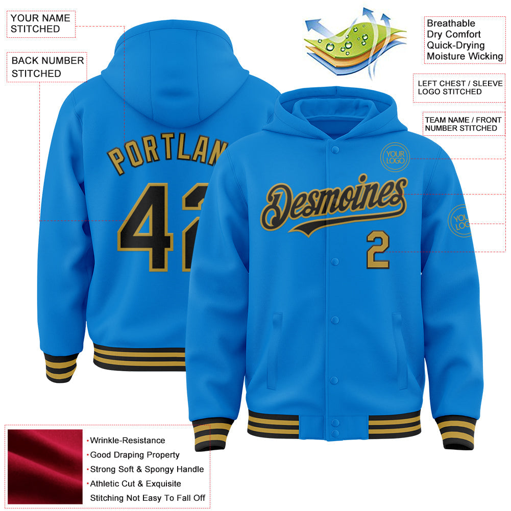 Custom Powder Blue Black-Old Gold Bomber Full-Snap Varsity Letterman Hoodie Jacket view 3