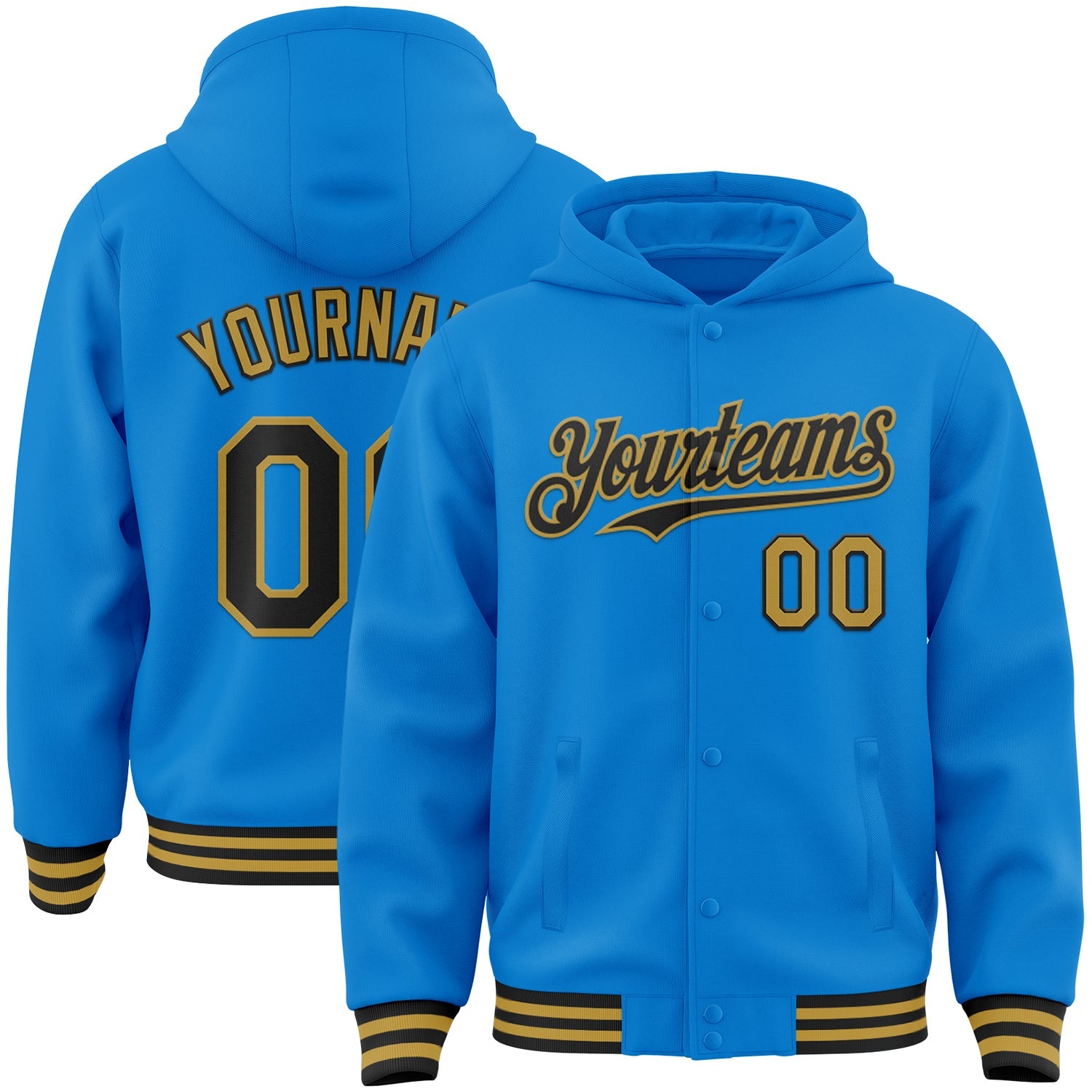 Custom Powder Blue Black-Old Gold Bomber Full-Snap Varsity Letterman Hoodie Jacket - Main View