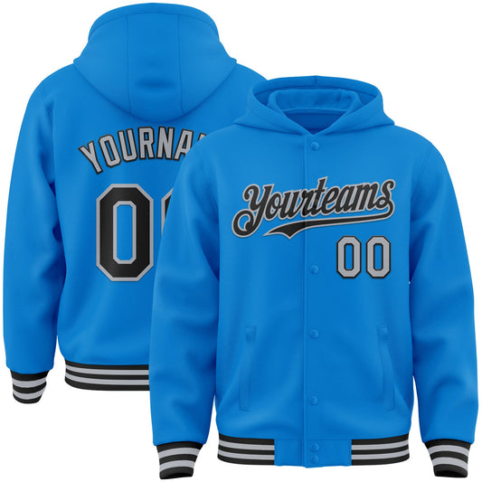 Custom Powder Blue Black-Gray Bomber Full-Snap Varsity Letterman Hoodie Jacket - Main View