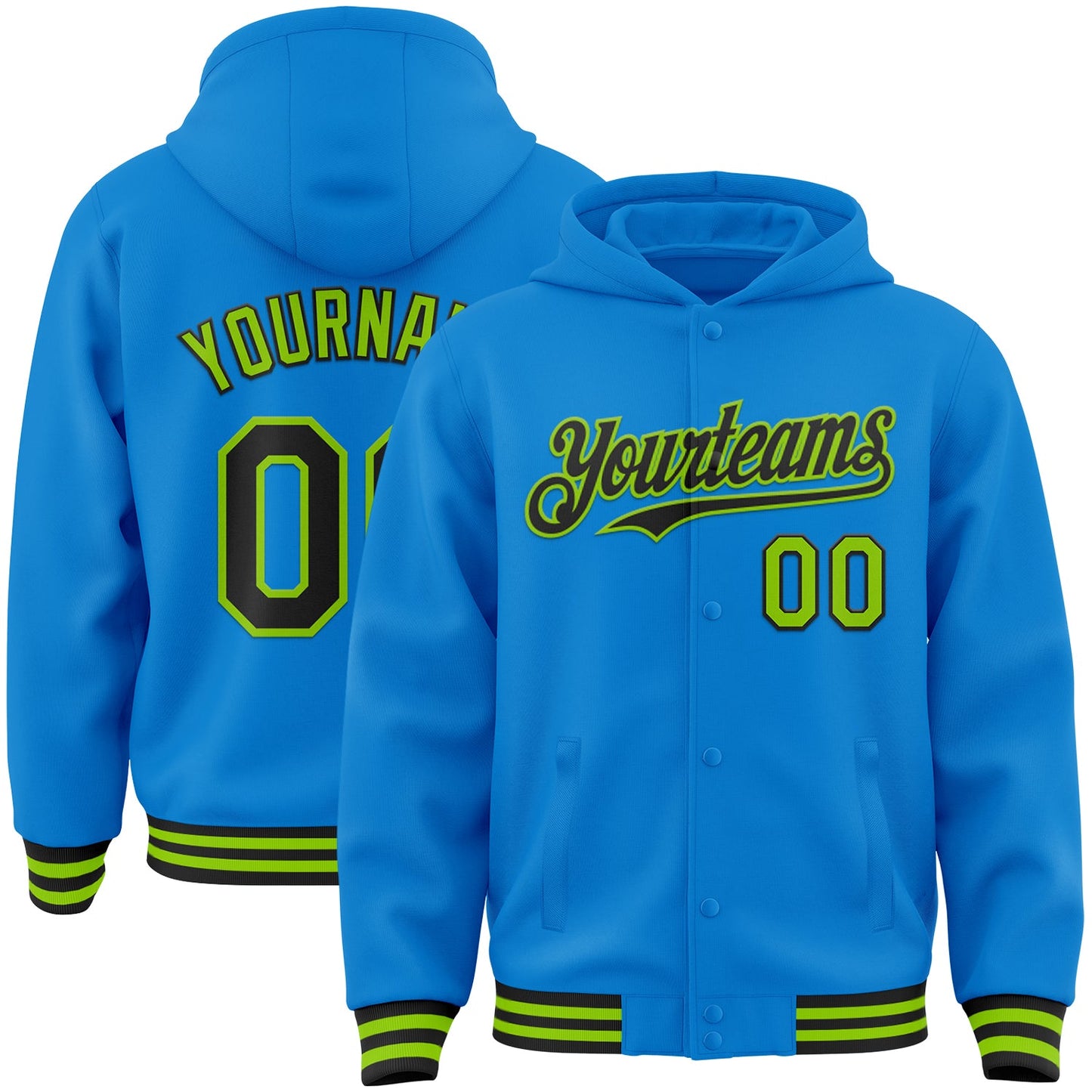 Custom Powder Blue Black-Neon Green Bomber Full-Snap Varsity Letterman Hoodie Jacket - Main View