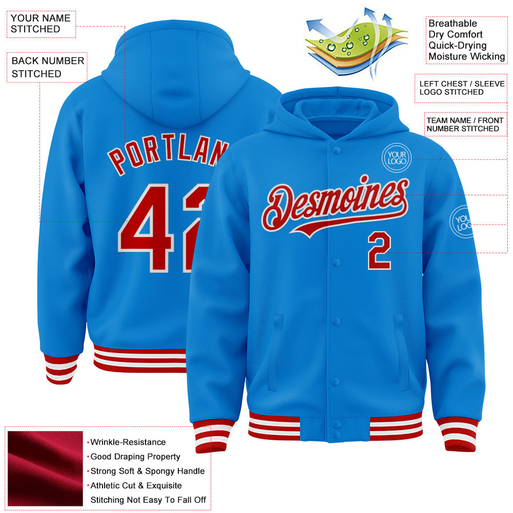 Custom Powder Blue Red-White Bomber Full-Snap Varsity Letterman Hoodie Jacket view 3